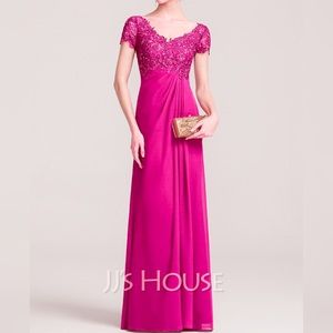 Fuschia A-Line V-neck Floor-Length Chiffon Lace Dress With Ruffle Beading